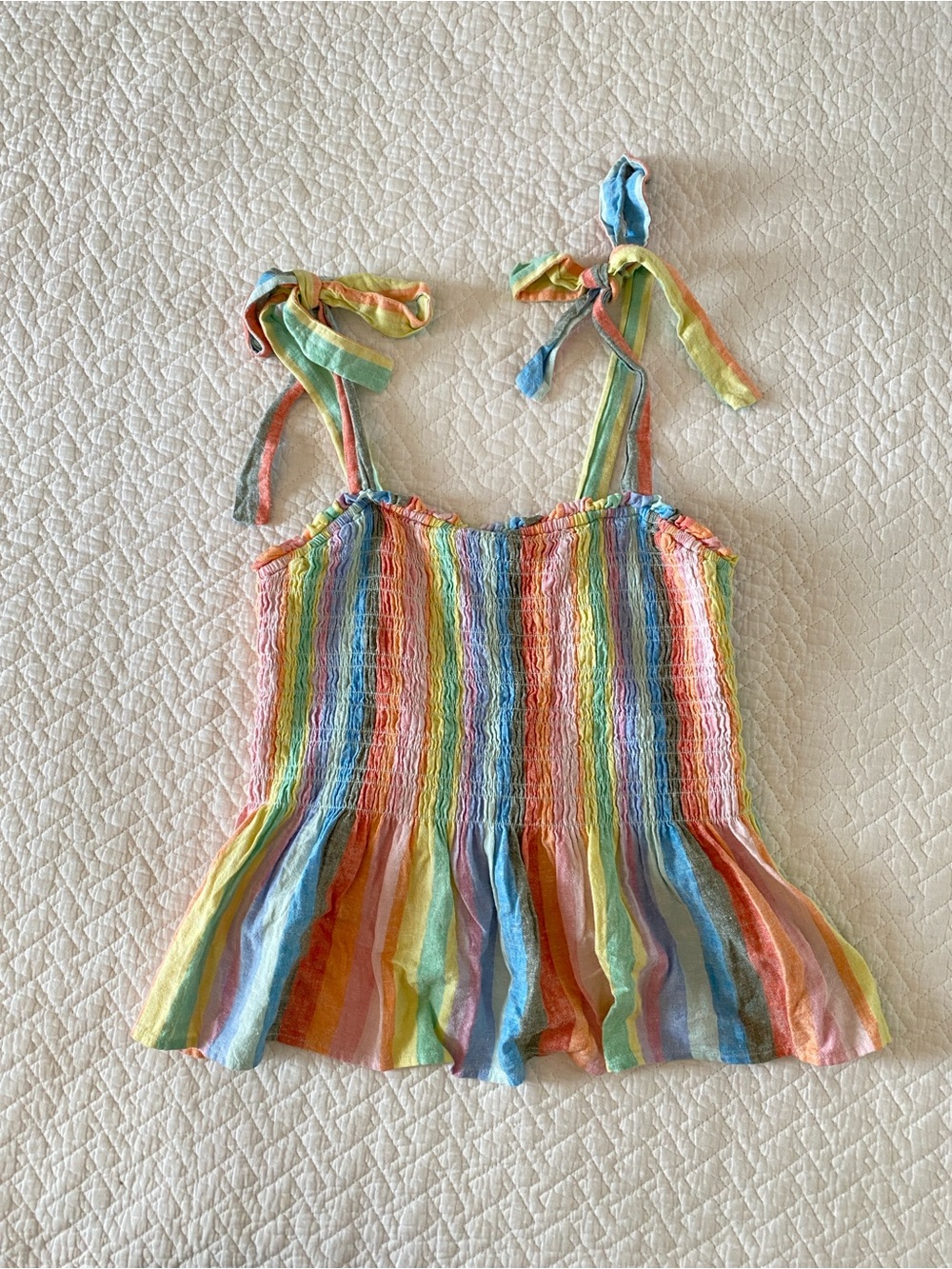 GAP Tie-Shoulder Rainbow Stripe Linen Smocked Women's Tank Peplum Top